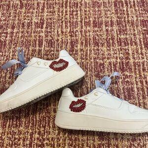 Custom White Sneakers with Red Lip Detail